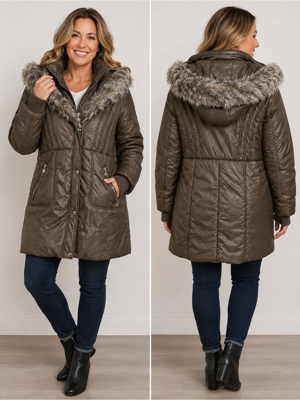 Infinity Collection Faux Fur Hooded Puffer Winter Coat Brown Women’s